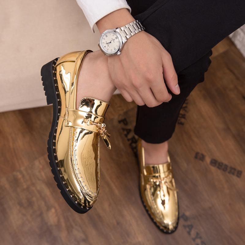 Men Classic Retro Loafer Casual Street Style Gold Patent Leather Platform Black Dress Party Shoes Large Size