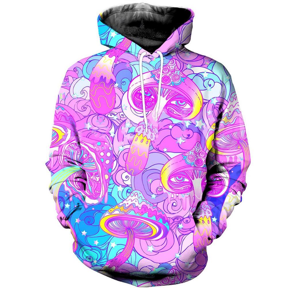 Felpa con cappuccio stampata in 3D con motivo a funghi colorati, felpa con cappuccio casual super larga, maglione da uomo stile street Harajuku