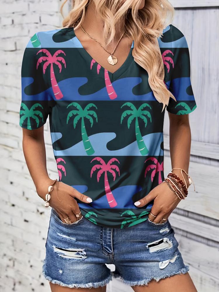 Summer Coconut Tree 3D Print T-shirt Women Streetwear Casual T Shirts Y2k Tops Woman Harajuku V-Neck Tees Oversized Clothing
