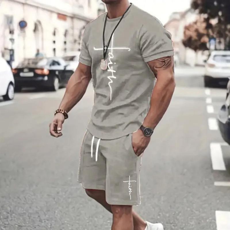 Gradient Men's Suit Casual New Short Sleeve With Shorts 3d Letter Faith Printed T-Shirt And Drawstring  Shorts 2-Piece Sets