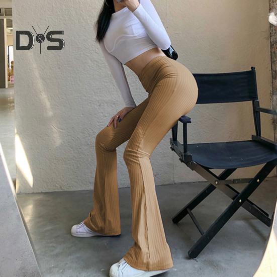 Women Flared Pants High Waist Striped Print Solid Color Casual Trousers Slim Fit Elastic Bottoming Slacks Daily Wear