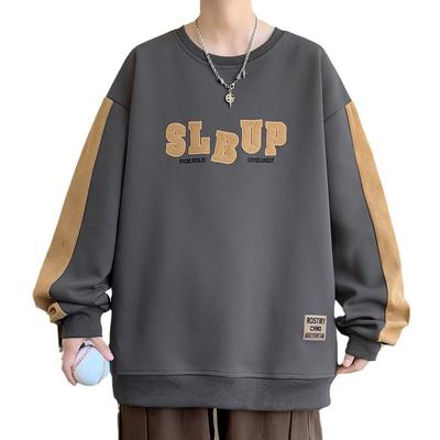 Large Size Patchwork Hoodie Round Neck Top, Heavyweight Long Sleeved