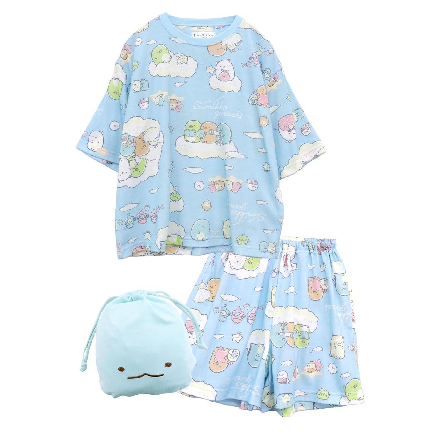 Kaitakufamily Sumikkogurashi Kids Pajamas Loungewear Sleep Set Drawstring Bag Short Sleeve Shorts Summer