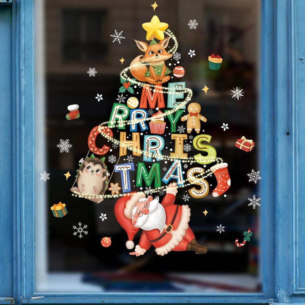 2025 Cartoon Christmas Window Sticker Noel Glass Wall Decor Xmas Tree Static Electricity Sticker Wreath Santa Merry Christmas
