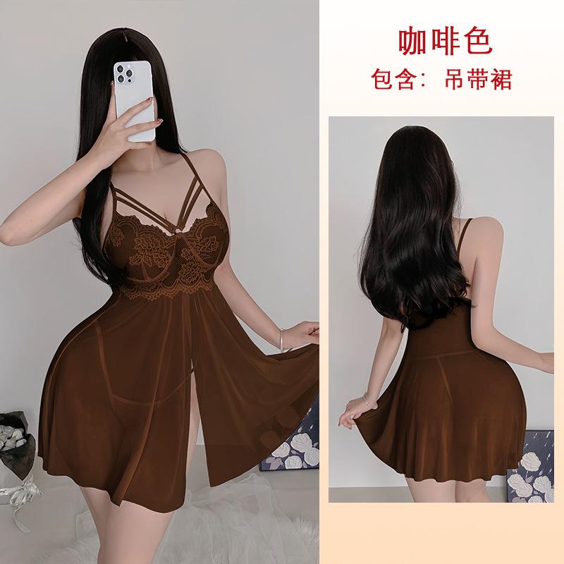 Summer thin pure desire wind lace nightdress deep V front split mesh suspender skirt women s sexy pajamas 652 S