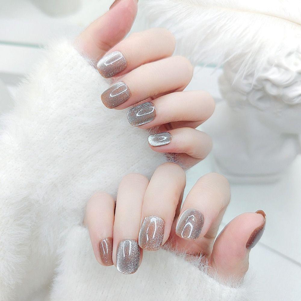 24PCS Cat Eye Fake Nails Glitter Artficial Nails Reusable Acrylic Nails  DIY Manicure Art