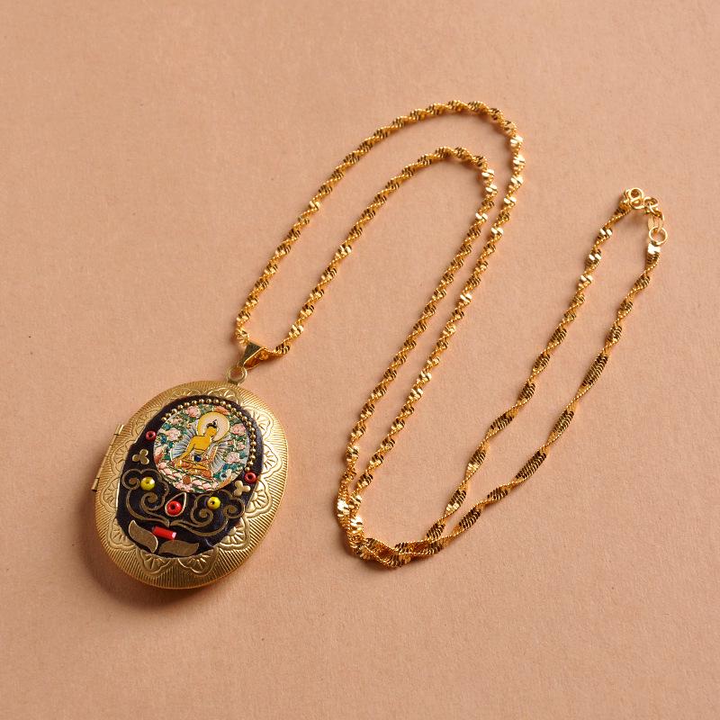 Vairochana Yellow Tibetan Amulet: Brass Box Pendant Necklace with Jambhala & Avalokiteshvara Hollow Design