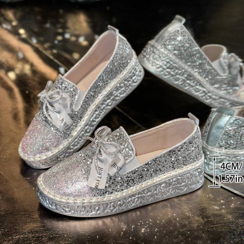 Flat-soled single shoes women's spring and autumn new fashion thick-soled rhinestone bow one pedal