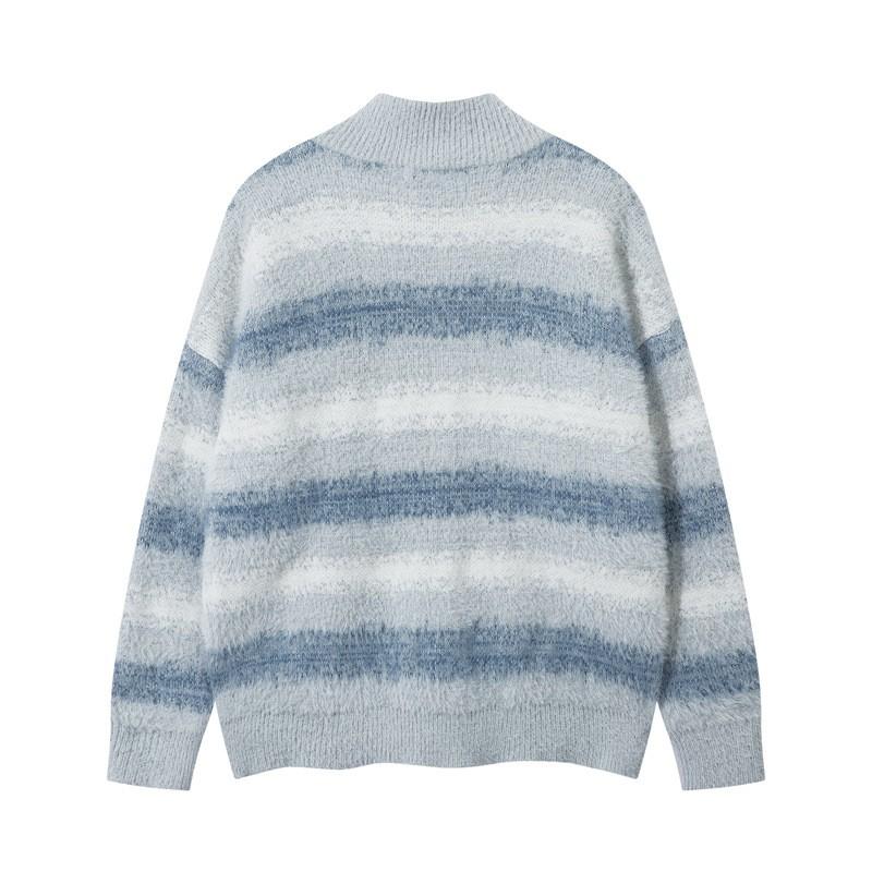 Unisex Gradient Stripe High Neck Knit Cardigan Sweater Loose Fit Zipper Jacket Casual Streetwear