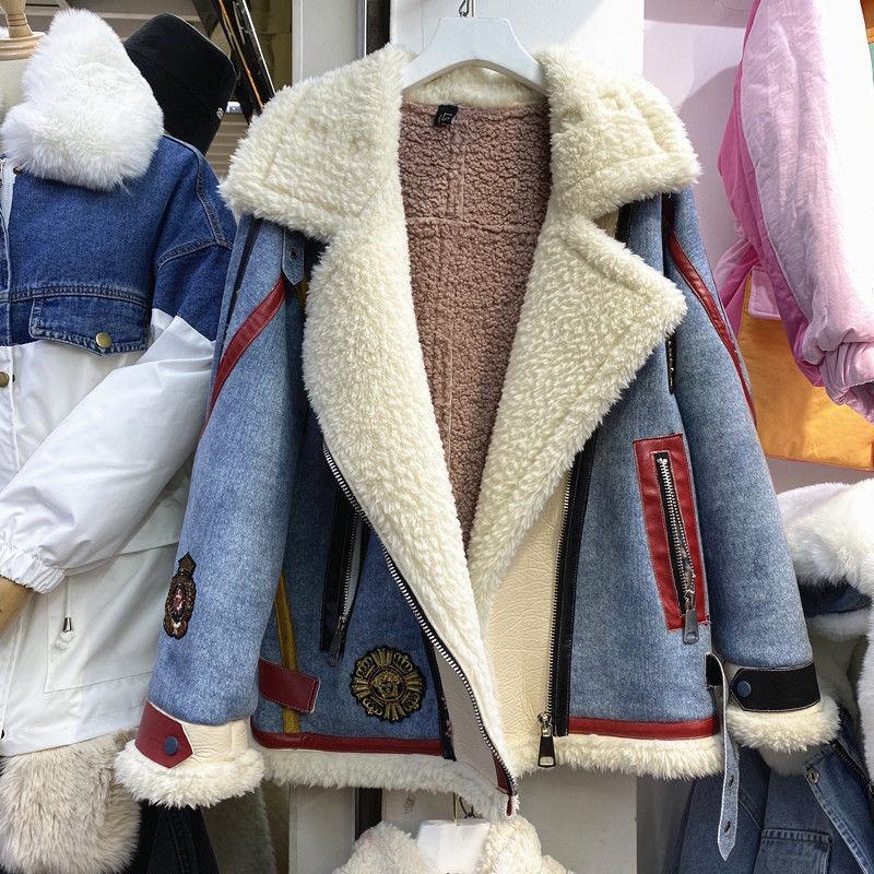 Winter new stand-up collar locomotive suit denim splicing lamb wool jacket women's picture color other