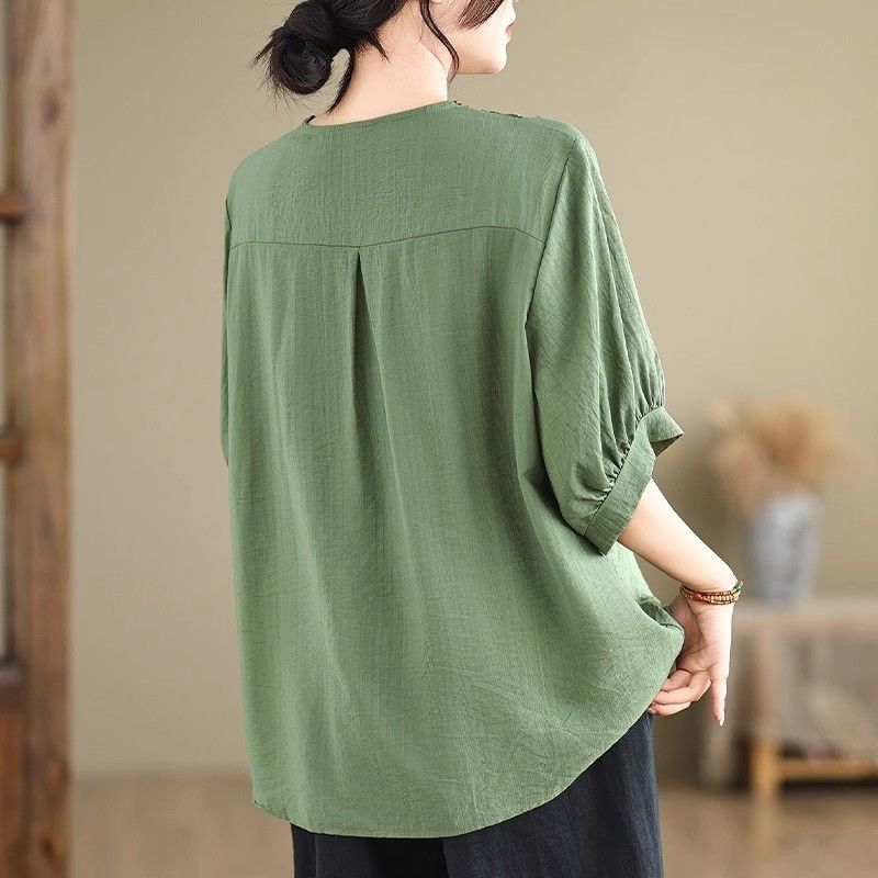 Literarisches und künstlerisches Übergrößen Damen Baumwoll-Leinen T-Shirt Damen Sommer Retro Locker Dreiviertelarm Oberteil