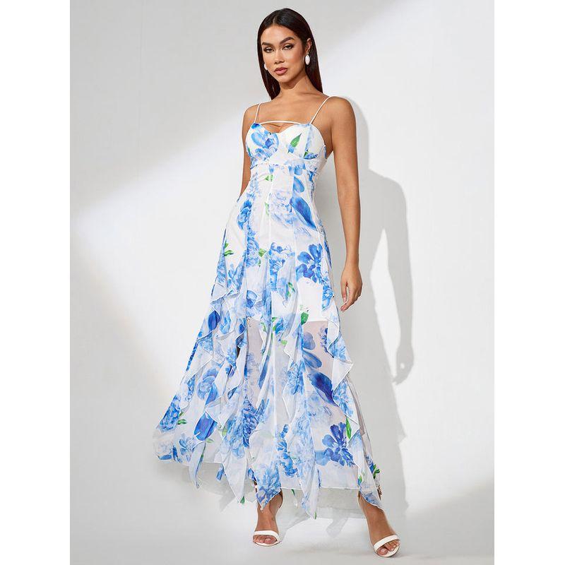 

European and American Bustier Split Sexy Evening dress Women Slim fit Sense Elegant Party Dance Guest dresses White Blue S