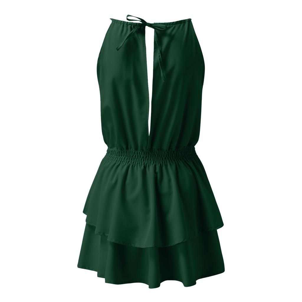 Ladies Casual Color Neck Open Back Lace Dress Cake Dress