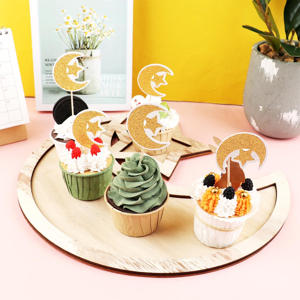 Toppere Scânteietoare Lună Stea pentru Cupcakes Eid Mubarak Toppere pentru Tort Lună Semilună Strălucitoare