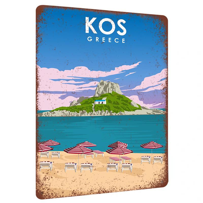 

Kos Greece Travel Poster Metal Wall Art Mediterranean Landscape Decor with Beach Umbrella and Rock Mountain 20x30cm（7.8x11.8inch）