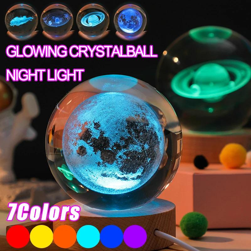 3D Crystal Ball Night Light Lamp Crystal Planet Laser Engraved Solar System Globe Astronomy Gift Birthday Glass Home Decoration