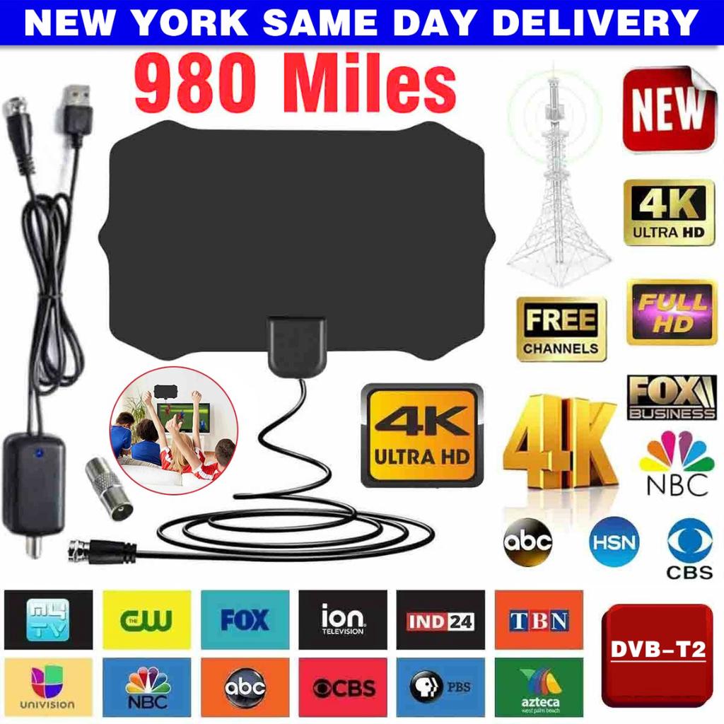 Flat Indoor TV Antenna With Signal Booster - 980 Mile Range, HD 1080P, 13FT Cable