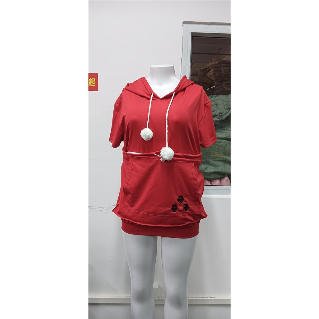 Women's fashionable loose large pocket pocket summer short-sleeved hooded T-shirt