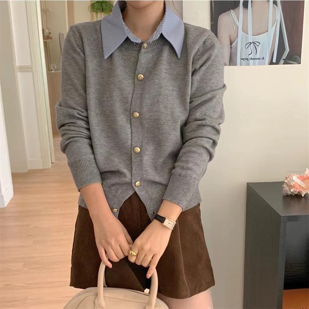 

New fake two-piece shirt collar splicing knitted sweater women s fashion high-end design top women s spring and autumn 45-284 (average size) сірий колір