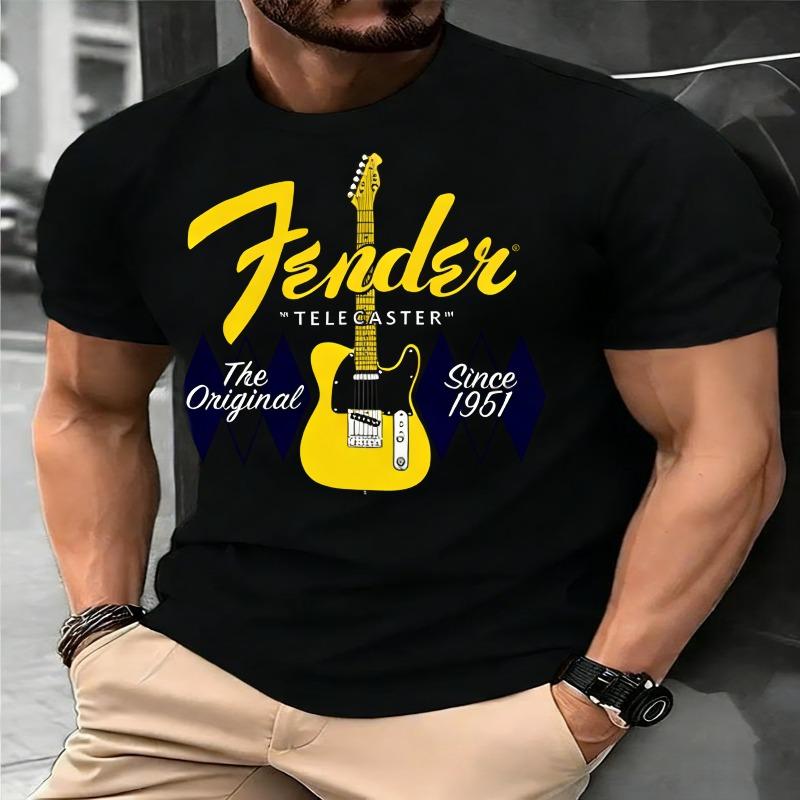 Summer New Fender Jimi Hendrix Fender Electric Guitar Print Graphic Tshirt Mens Short Sleeve Tshirt Street Wear Summer Tops