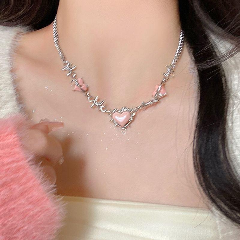 Sweet Cool Y2K Pink Thorns Love Heart Necklace 2023 Korean  Thorns Chains Choker Collar For Women Lady Party Jewelry Gift