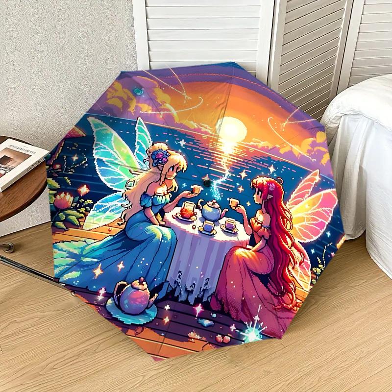 Enchanted Fairy Tea Party Umbrella: A Magical Companion for Outdoor Adventures, Automatically Opens/Closes, Lightweight and Durable,
