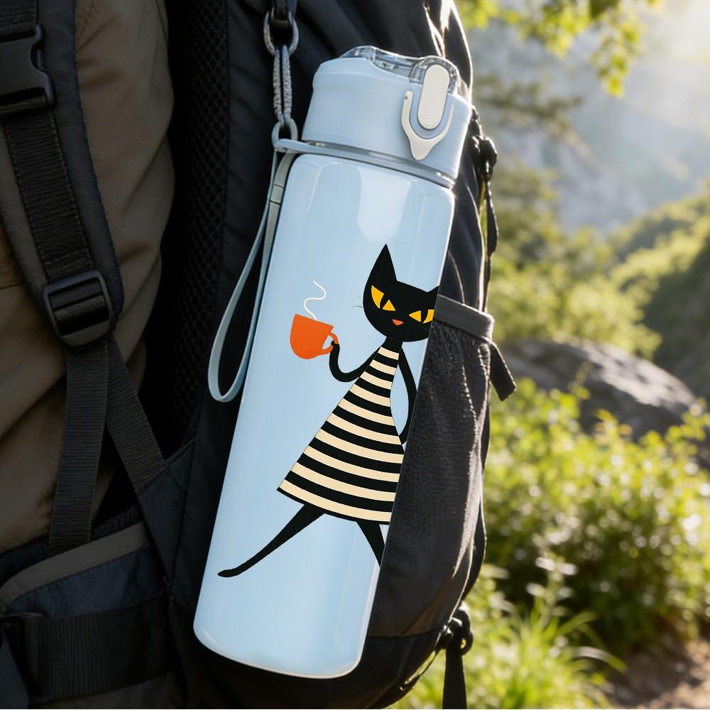 1PC Striped Black Cat Walking Figure 750ml Color Plastic Sports Water Bottle Leakproof Flip Straw Lid For Sports Office Home Use