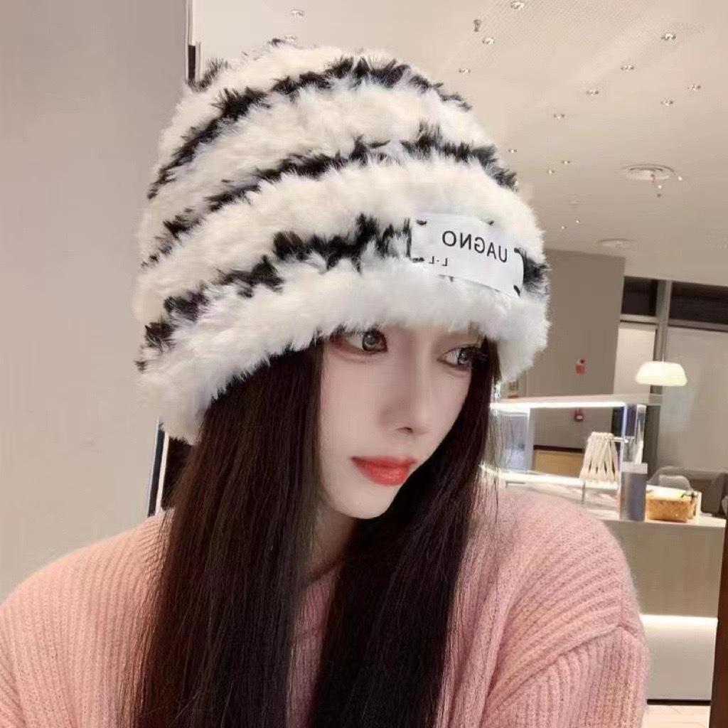New trendy plush hat, winter adult warm hat, Korean-style patterned outdoor plush warm hat for women