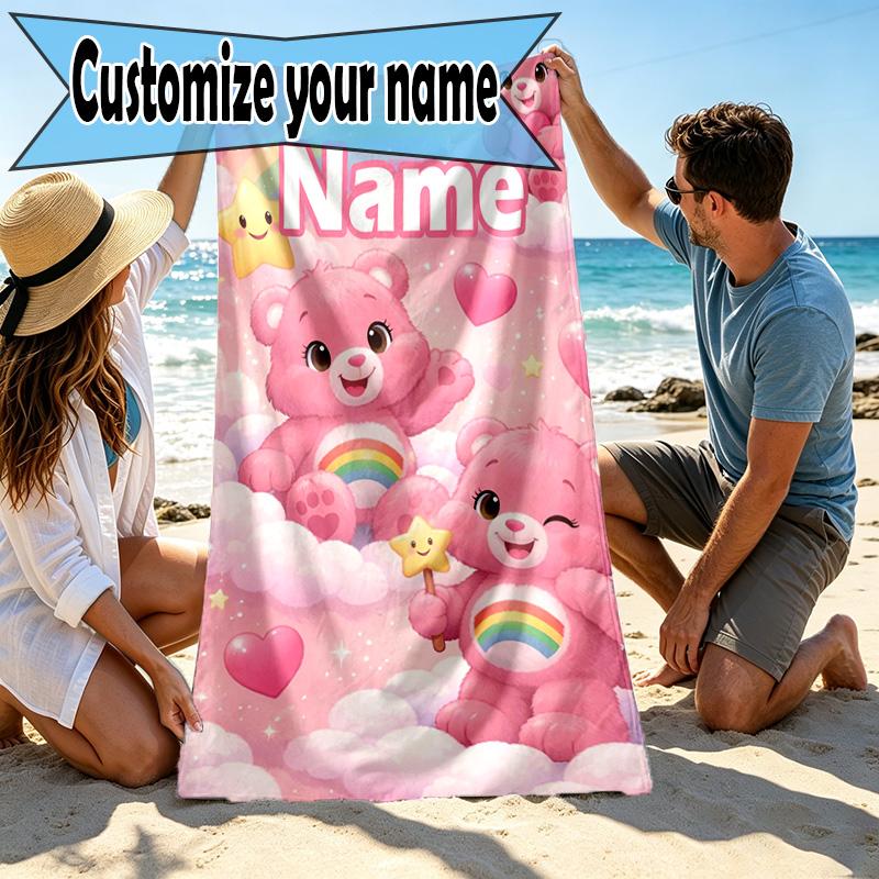 Custom Name Personalized Care Bears Print Beach Towel, for Trip Camping Beach Party Home Decor, Birthday Gift for Family & Friends