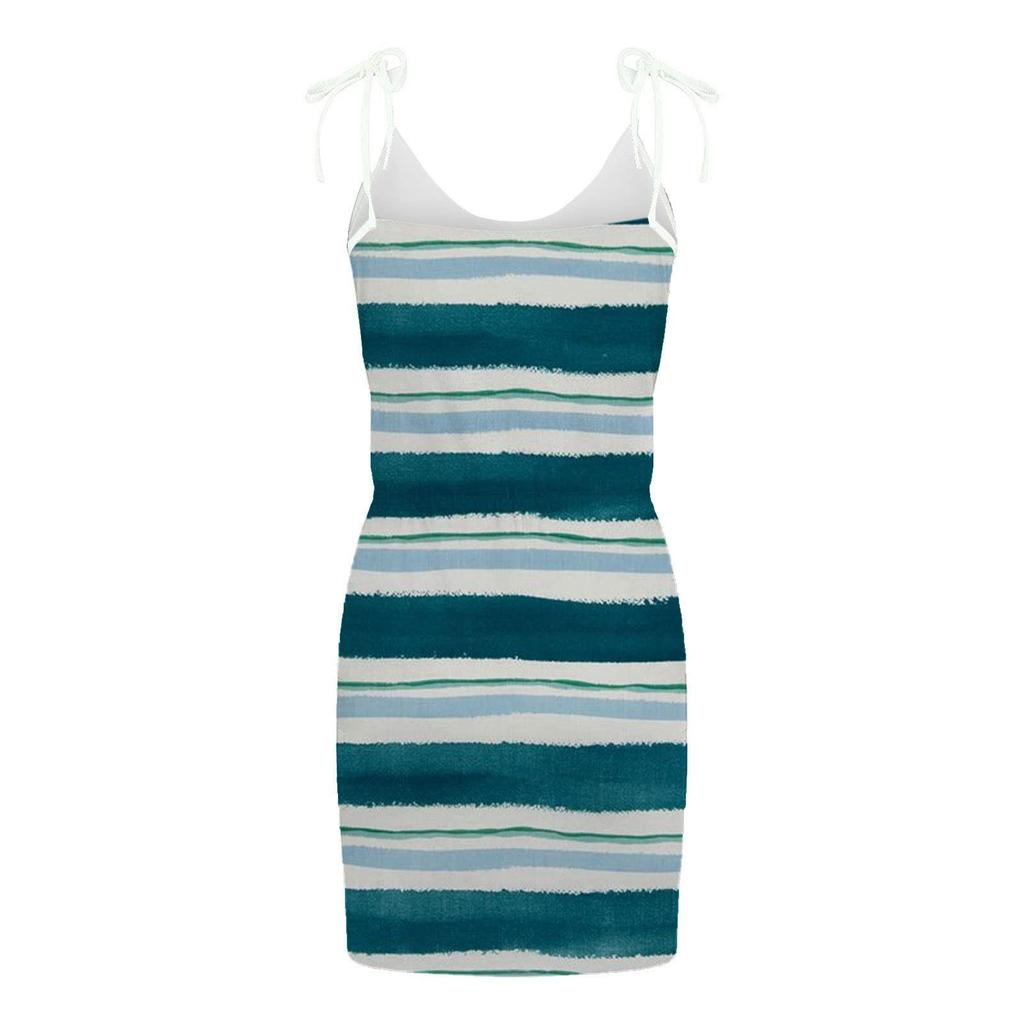 Women's Summer Sleeveless Loose Bandage Striped Sling Dress Pocket V Neck Tank Dress