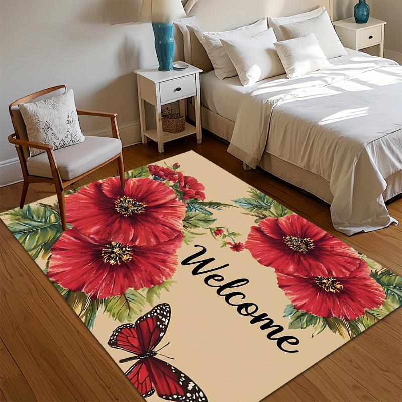 

Red Poppy Welcome Rug Non-Slip Carpet for Living Room Bedroom Floral Entry Door Mat Durable Floor Mat Soft Rugs Home Carpets 40x60CM