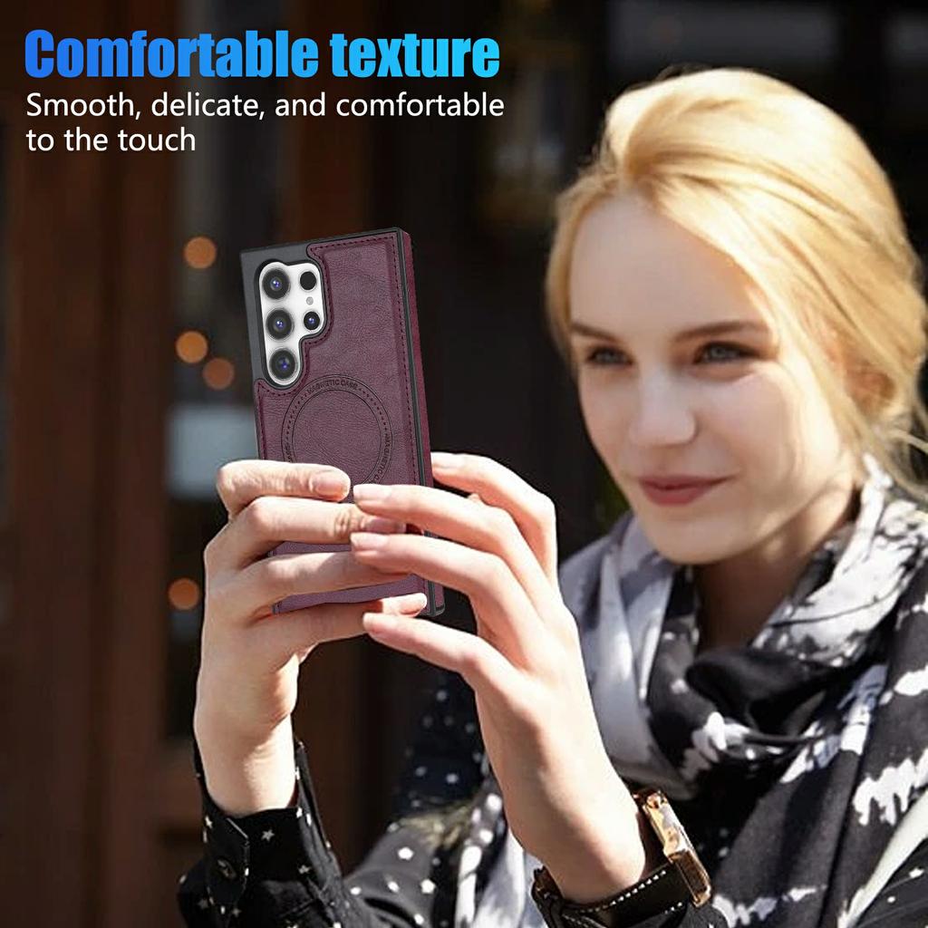 CSJ-P3 For Samsung Galaxy S24 Ultra Case Compatible with MagSafe PC+TPU+Leather Back Cover