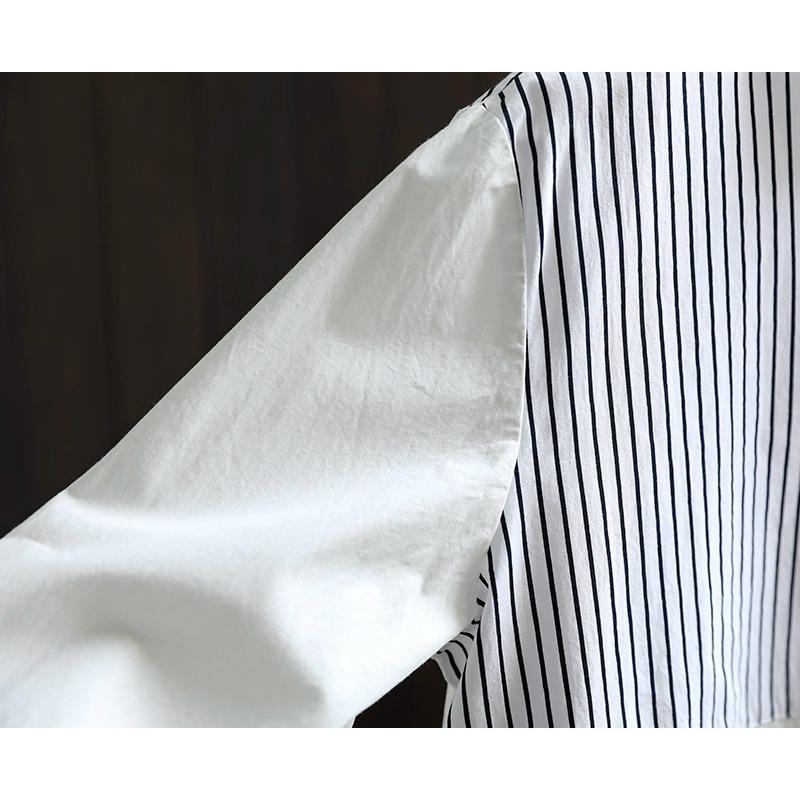 Striped Patchwork Cotton Long Sleeved Shirt for Women Loose Slimming Handmade Rabbit Pocket Single Breasted Shirt Blouses & Shirts