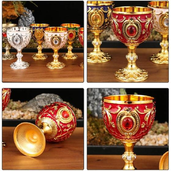 Amosfun 2.7 Inch Retro Goblets Metal Wine Cups Royal Chalices Medieval European Style Embossed Drinking Cups Party Favors 30ml Red