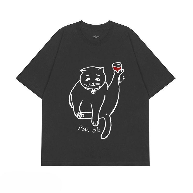 

Depressed Cat Drinking Pattern Print Men s T-shirt Summer Retro Kawaii Men s Women s Surfing Beach T-shirt Breathable Casual Top S
