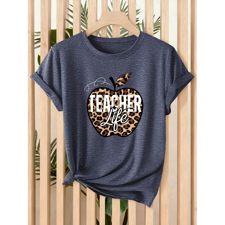 Leopard print Apple teacher life print for women T Shirt 2026 Spring and summer fashion short sleeves Casual loose-fitting slimming top for daily