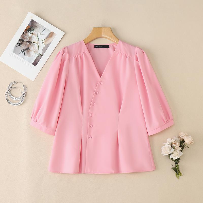 

ZANZEA Женская повседневная однотонная свободная блузка с V-образным вырезом и рукавом 3/4 4XL