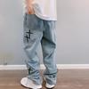 Spring Autumn Denim Pants Star Pattern Solid Color Zipper Fly Wide Leg Loose Jeans Streetwear