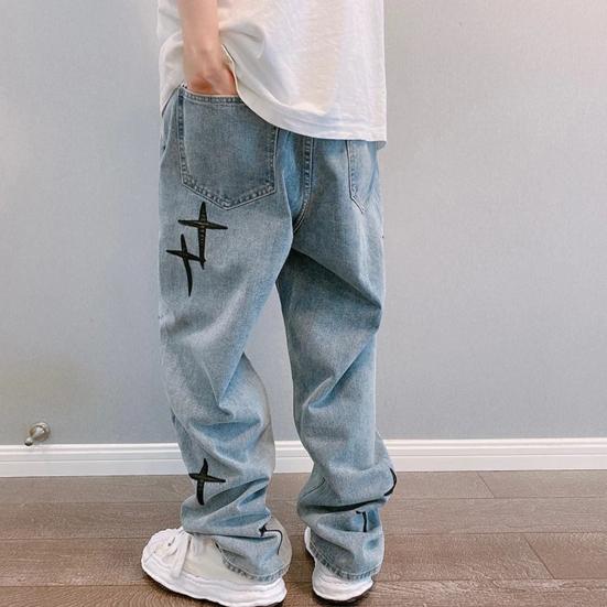 Spring Autumn Denim Pants Star Pattern Solid Color Zipper Fly Wide Leg Loose Jeans Streetwear