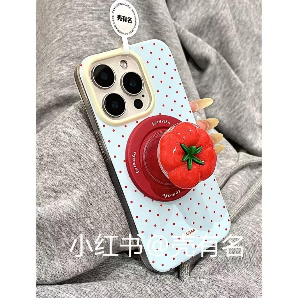 Small fresh blue background red polka dot tomato magnetic suction bracket is suitable for Apple 16 mobile phone case iPhone15/14/13.