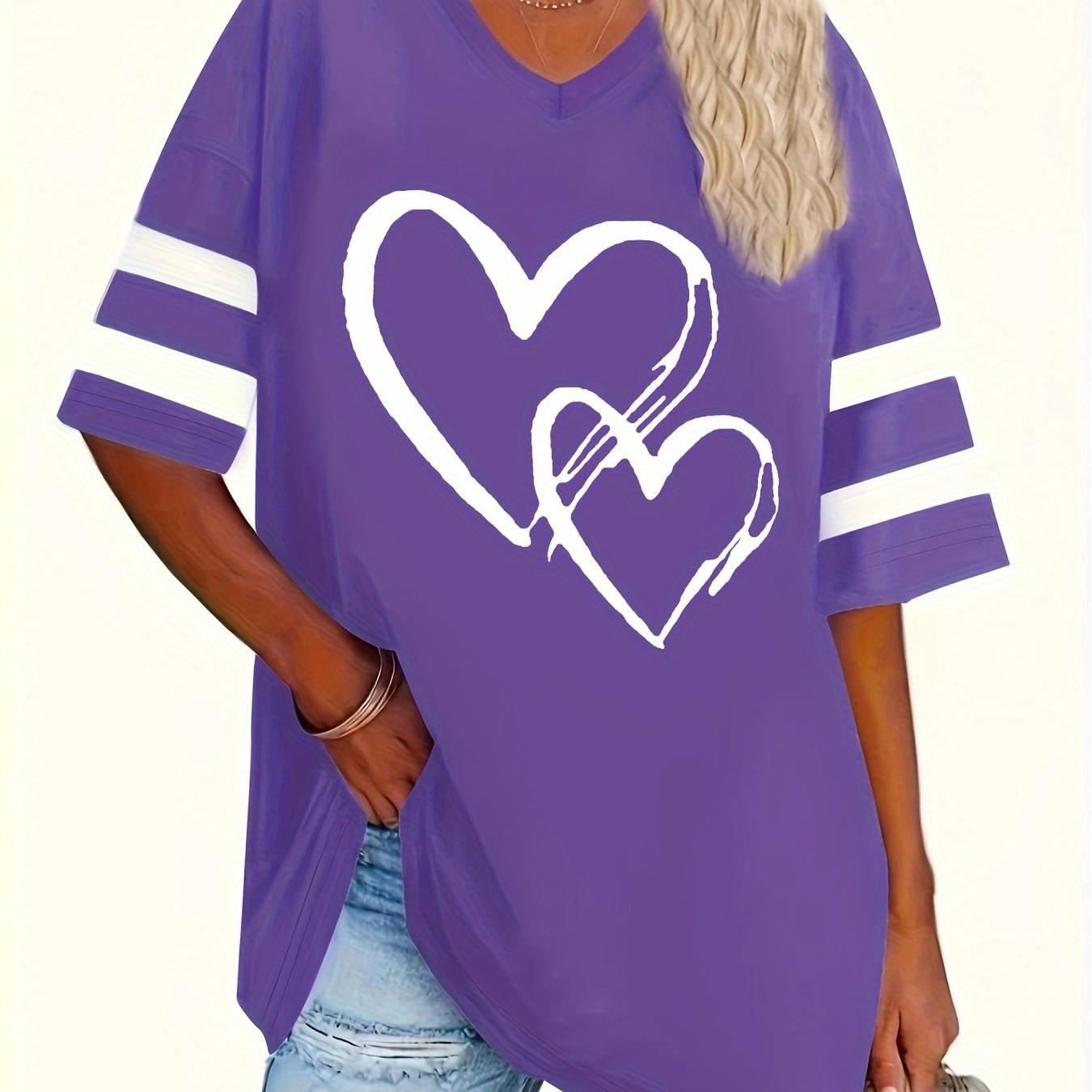 

Футболка с V-образным вырезом и принтом в виде сердца больших размеров - с коротким рукавом, повседневная, удобная, женская модная одежда на каждый день весна, лето осень 5XL темно-фиолетового