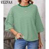 VEZFAA Women's Fashion Casual Summer Spring Stripe Print 1/2 Sleeves O-Neck Blouses & Shirts