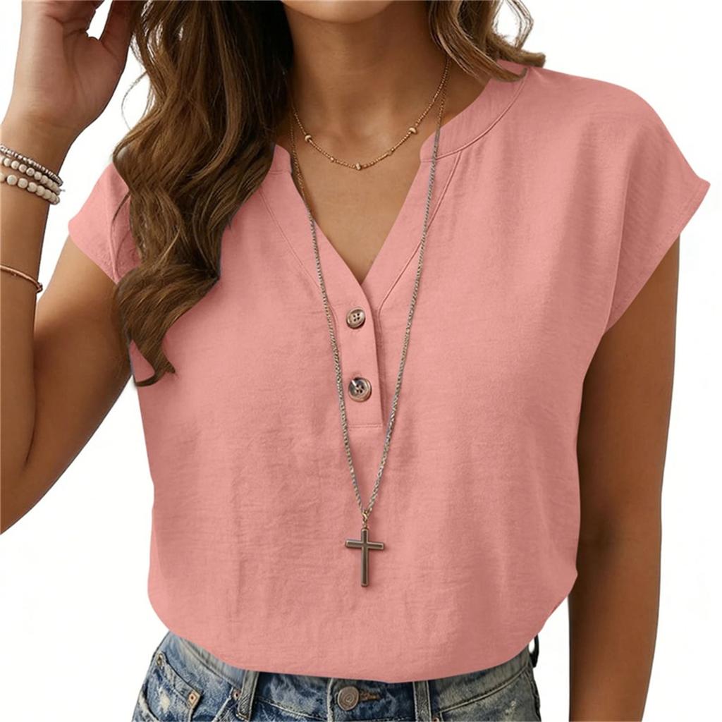 Women’s Casual Loose Fit Button Front Short Sleeve Blouse Relaxed V Neck Lightweight Top Suitable for Everyday Wear