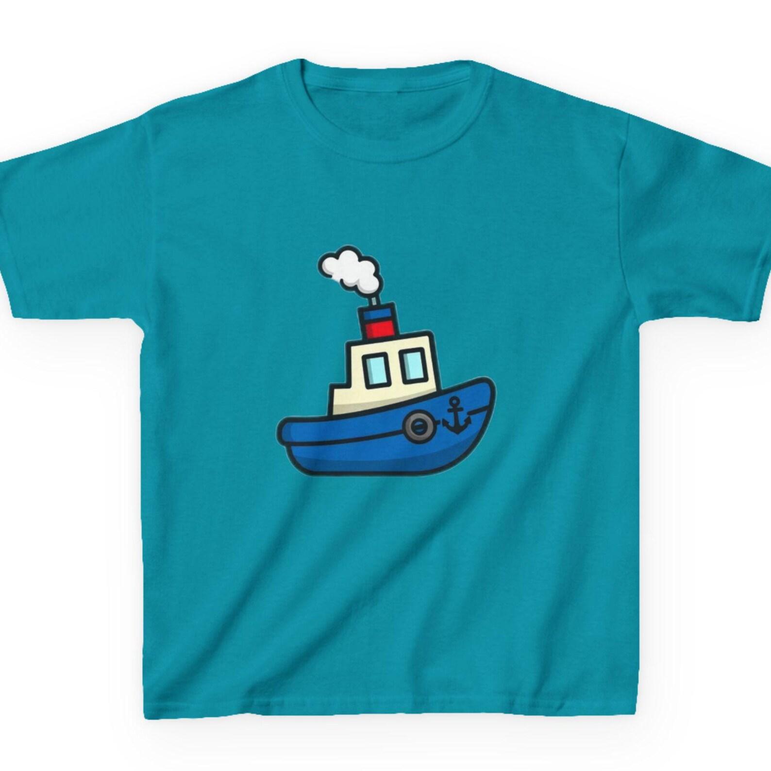 Tiny Blue Tugboat Kids T-Shirt | Nautical Kids Tee | Little Boat Sailor Shirt | Cute Ocean Voyage Kids Top | Baby Tugboat Gift 100