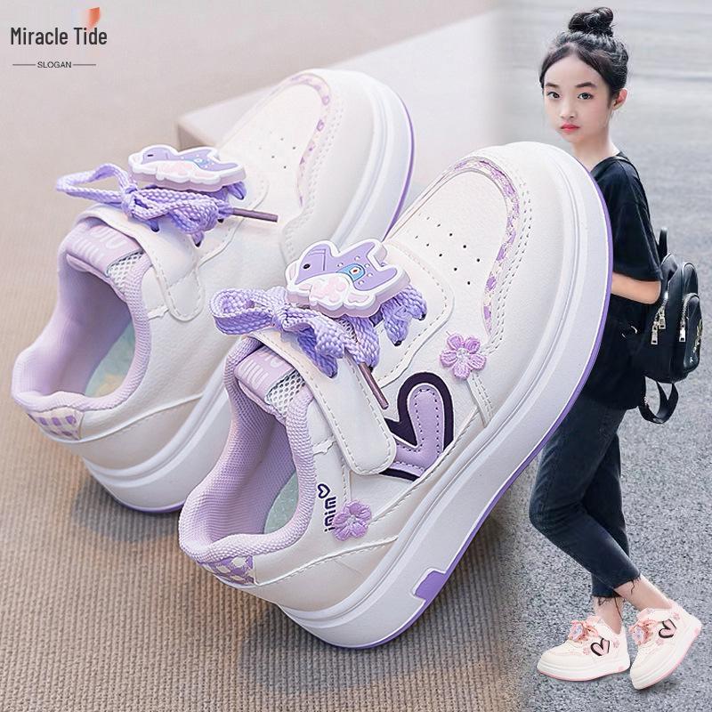 Girls' 2026 Spring Leather Casual White Cartoon Sneakers with Soft Soles