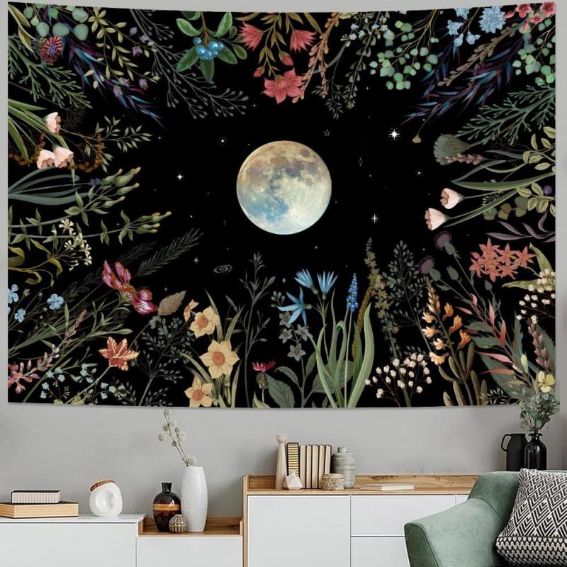Moonlight Garden Tapestry, Bohemian-Style Moon Tapestry, Floral Tapestry, Black Wall Decoration, Home Decoration 100X70CM