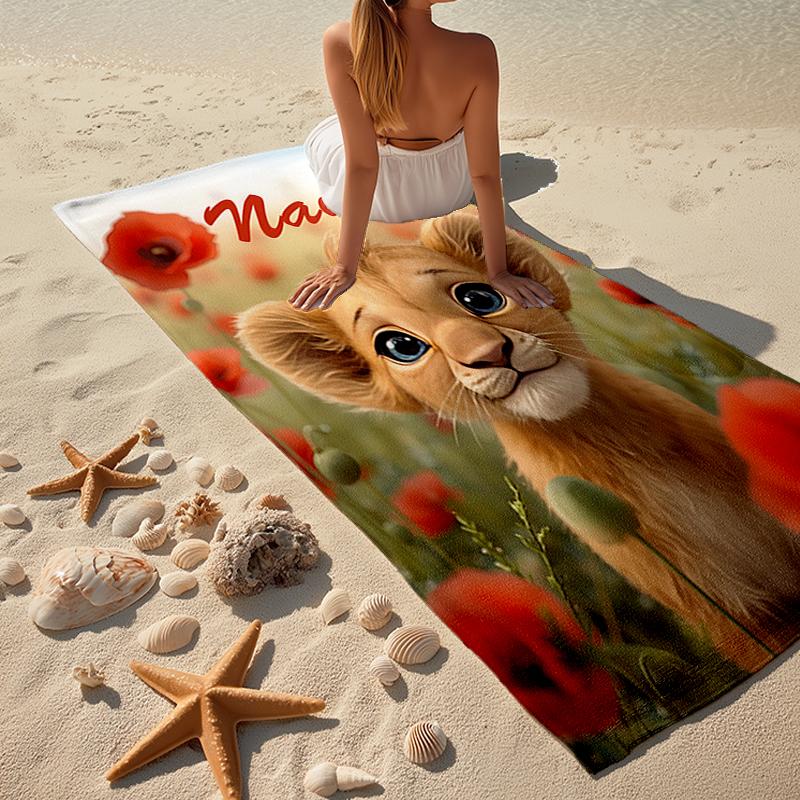Custom Name Ultra-Soft Beach Towel with Lion Theme,Ideal for Pool - Camping, Diving - Perfect Travel Essential, Vibrant Beach Towel.