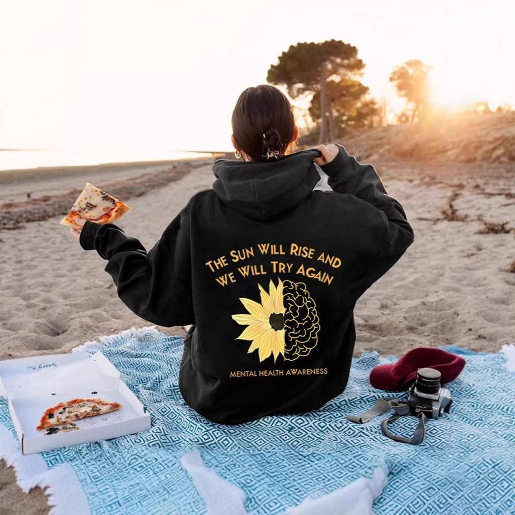 2025 Spring & Autumn Sunflower Printed Hoodie with Drop Shoulder Sleeves