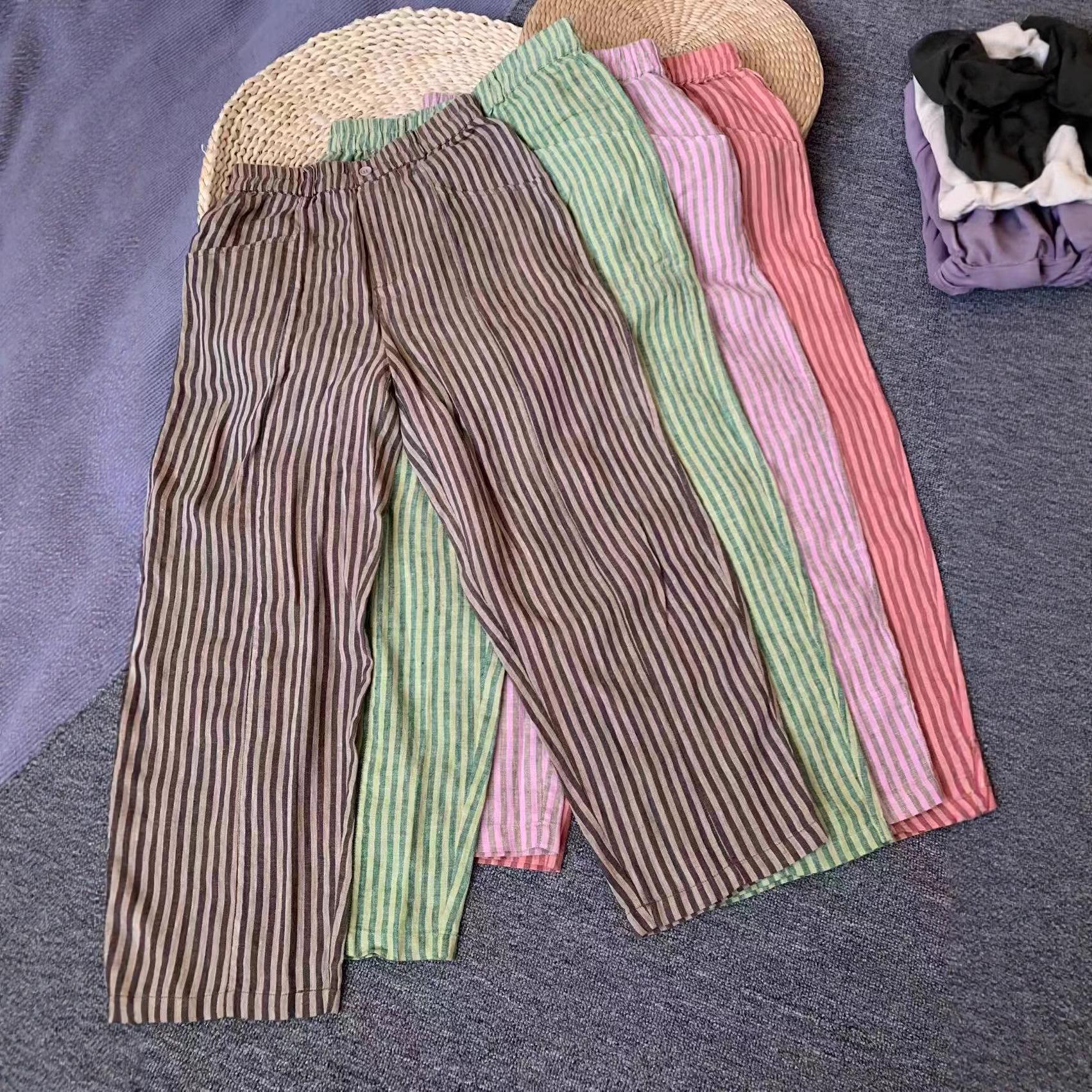 

Vertical Stripe Elastic Waist Hemp Pants - Comfortable, Breathable, Straight Leg, Spring/Summer Wide Leg Home Wear. Medium (55-65 kg) зелёный