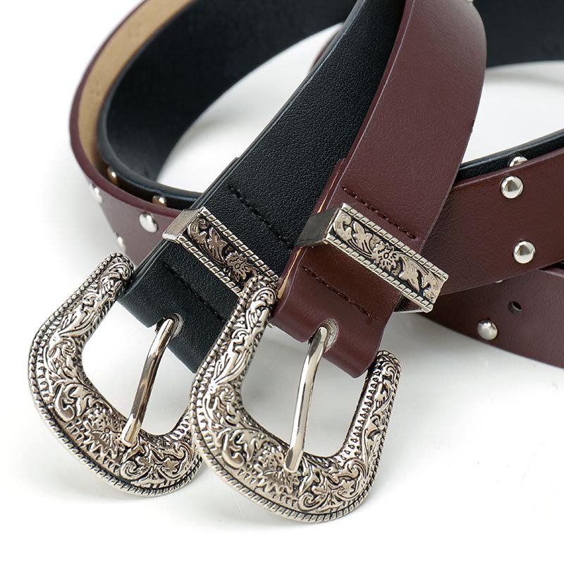 Retro Belt Women'S, Spice Girl Style Decorated Jeans With Double Row Rivet Women'S Belt